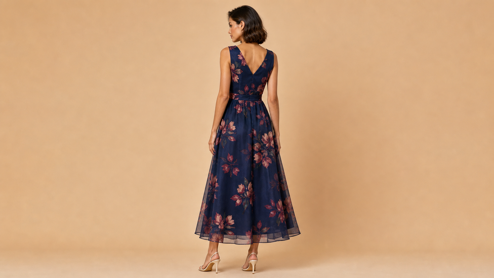 Navy Sleeveless Floral A-Line Maxi Dress Back View