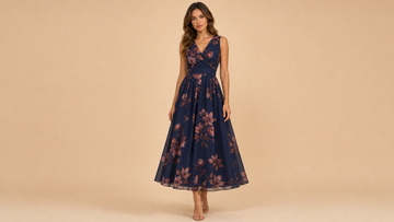 Navy Sleeveless Floral A-Line Maxi Dress Front View
