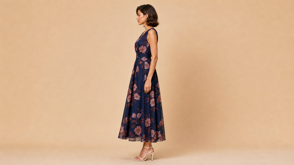 Navy Sleeveless Floral A-Line Maxi Dress Side View
