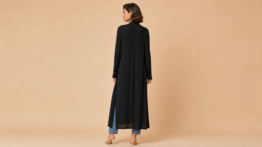 Black Long Knit Cardigan Top Back View
