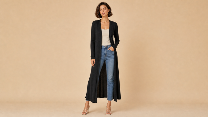 Black Long Knit Cardigan Top Front View