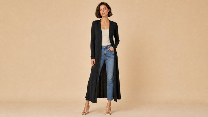 Black Long Knit Cardigan Top Front View