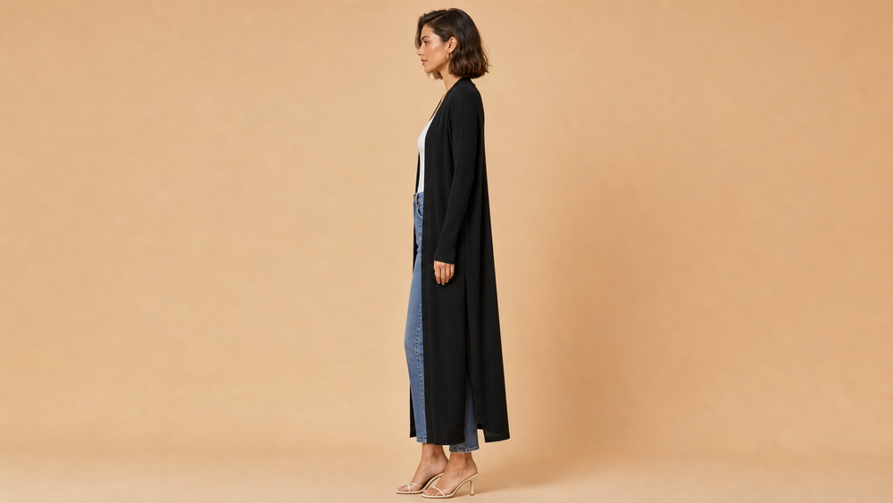 Black Long Knit Cardigan Top Side View