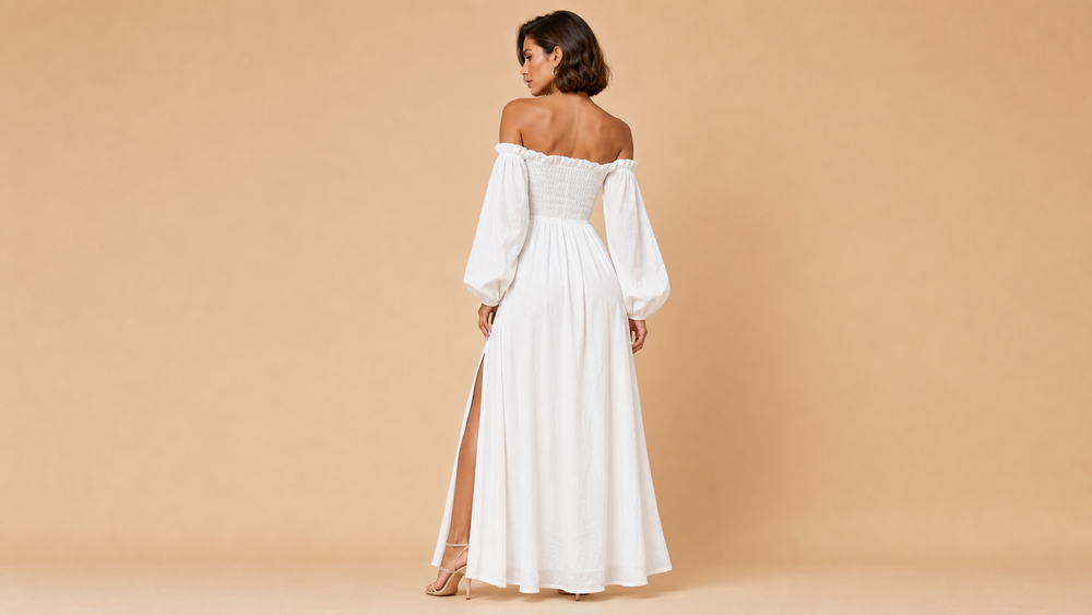 White Off Shoulder Puff Sleeve Slit Maxi Dress Back View