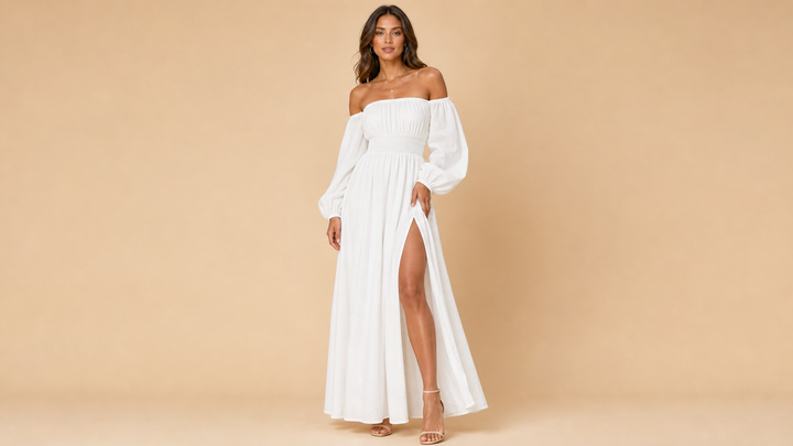 White Off Shoulder Puff Sleeve Slit Maxi Dress Front View