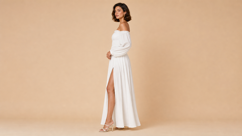 White Off Shoulder Puff Sleeve Slit Maxi Dress Side View