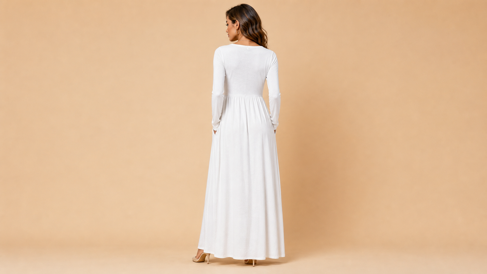 White Long Sleeve Pocket Casual Maxi Dress Back View