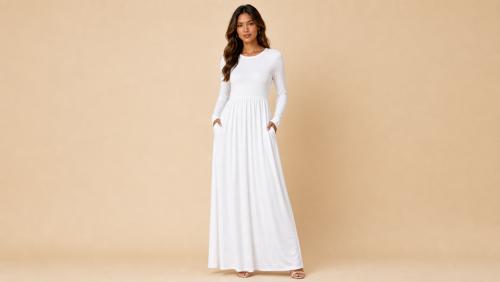 White Long Sleeve Pocket Casual Maxi Dress Front View