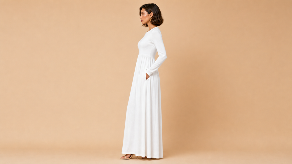 White Long Sleeve Pocket Casual Maxi Dress Side View