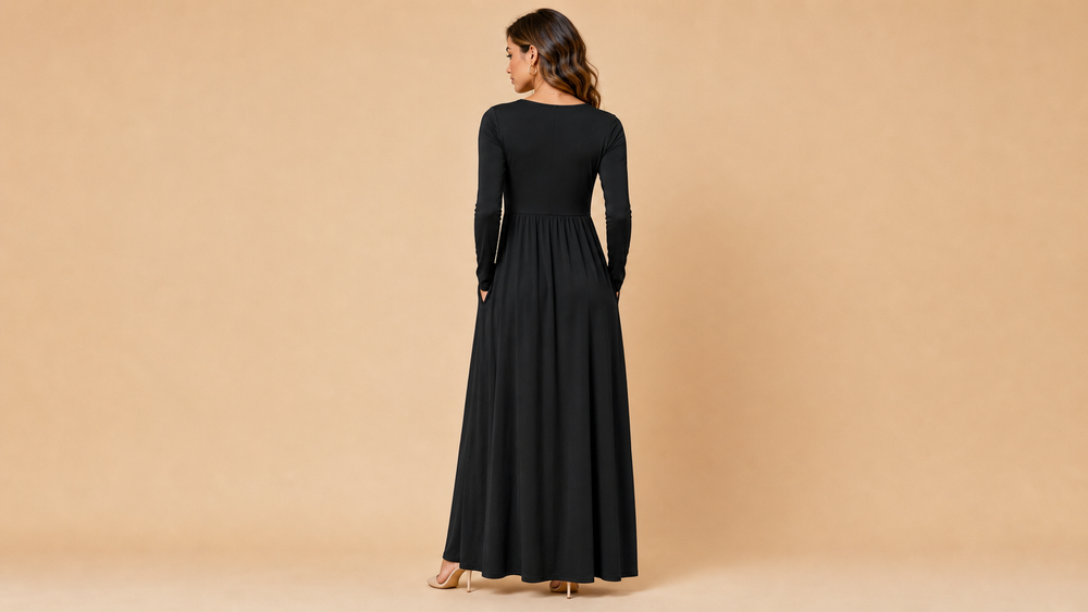 Black Long Sleeve Pocket Casual Maxi Dress Back View