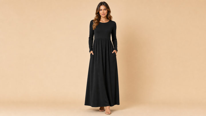 Black Long Sleeve Pocket Casual Maxi Dress Front View