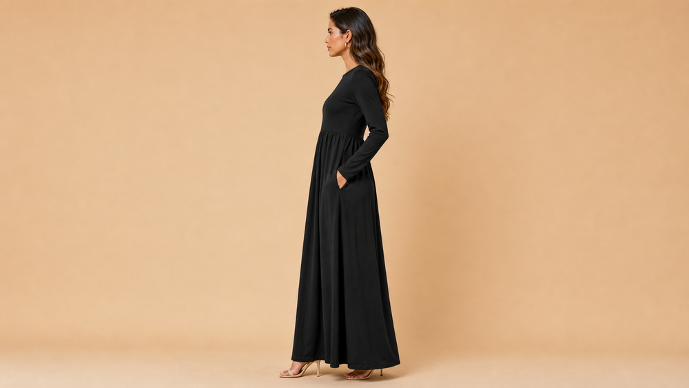 Black Long Sleeve Pocket Casual Maxi Dress Side View