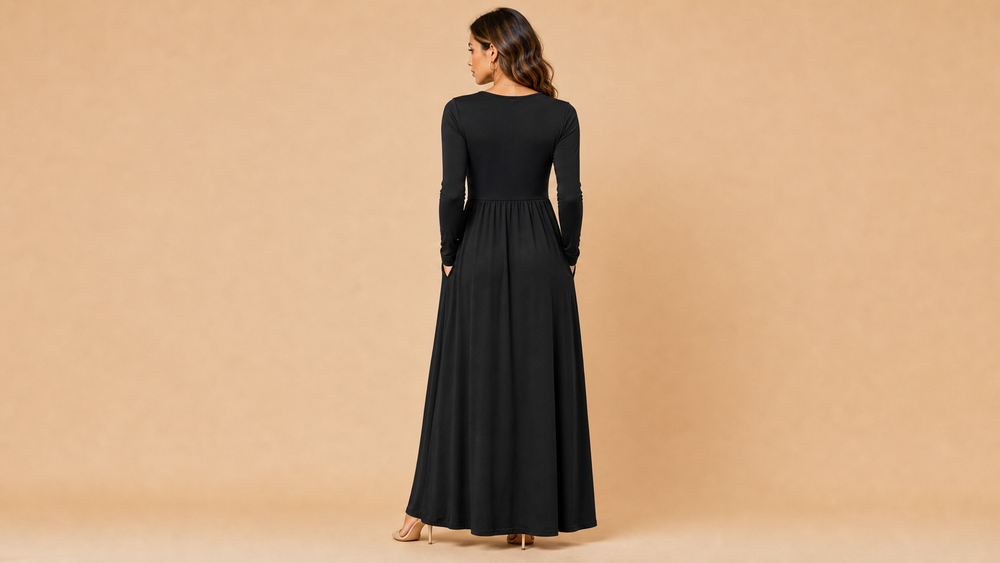 Black Long Sleeve Pocket Casual Maxi Dress Style 008 Back View