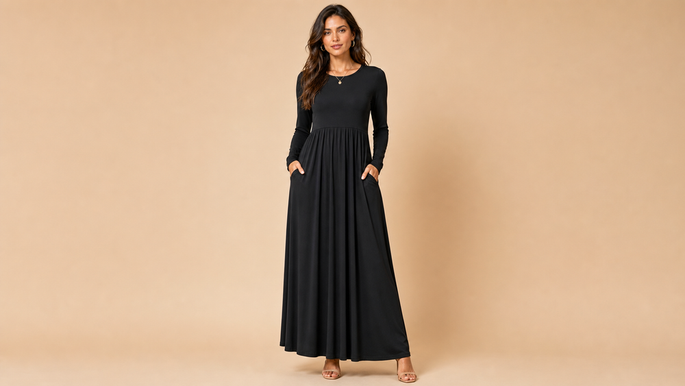 Black Long Sleeve Pocket Casual Maxi Dress Style 008 Front View