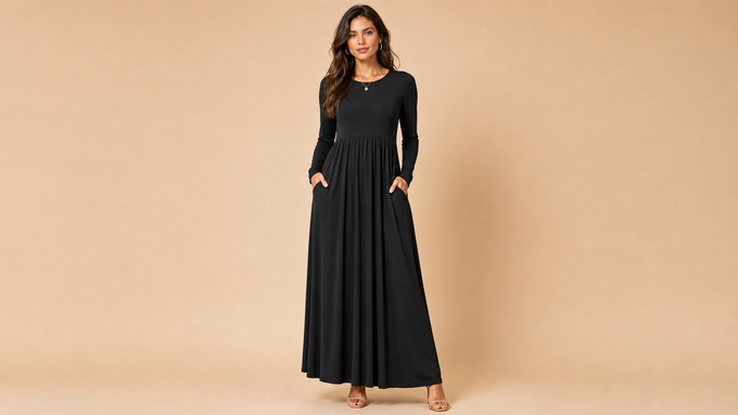 Black Long Sleeve Pocket Casual Maxi Dress Style 008 Front View