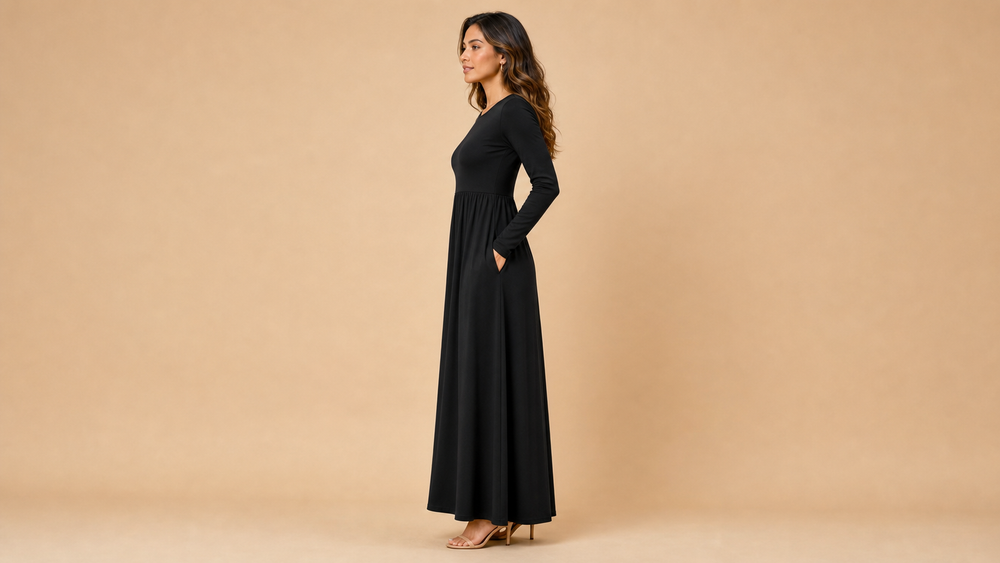 Black Long Sleeve Pocket Casual Maxi Dress Style 008 Side View