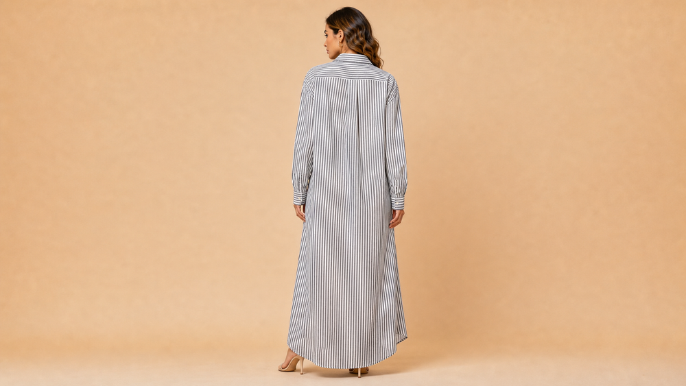 Black White Striped Long Sleeve Shirt Maxi Dress Back View