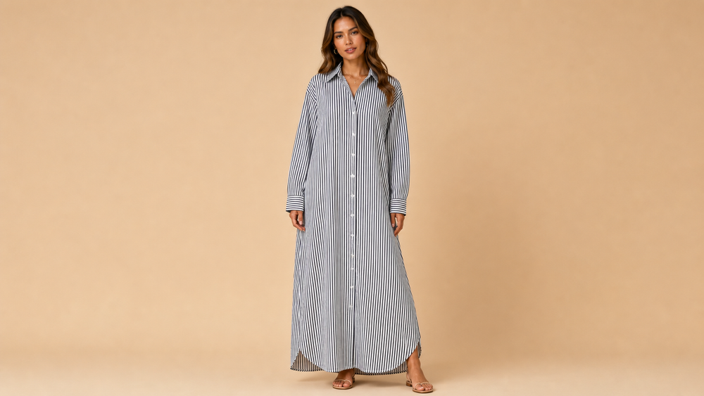 Black White Striped Long Sleeve Shirt Maxi Dress Front View