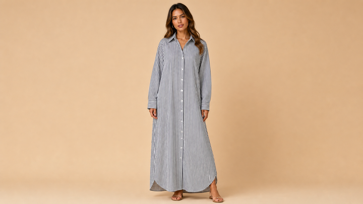 Black White Striped Long Sleeve Shirt Maxi Dress Front View