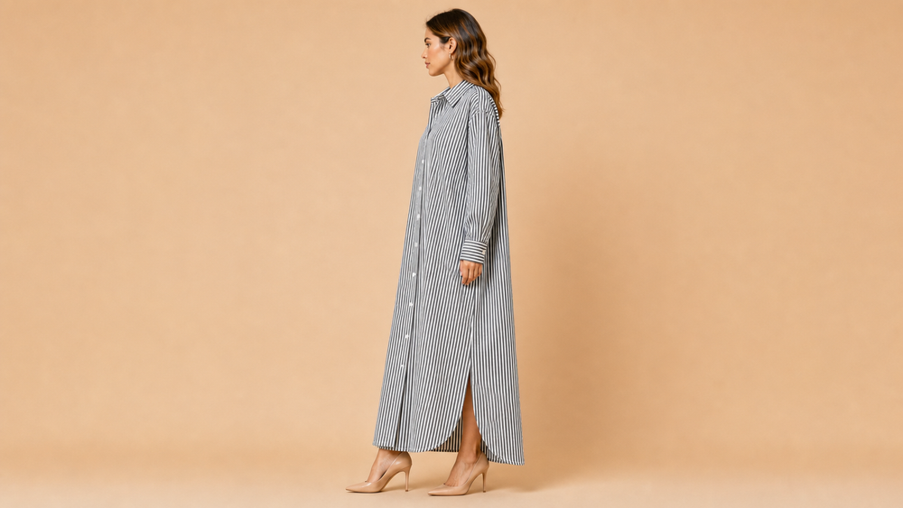 Black White Striped Long Sleeve Shirt Maxi Dress Side View