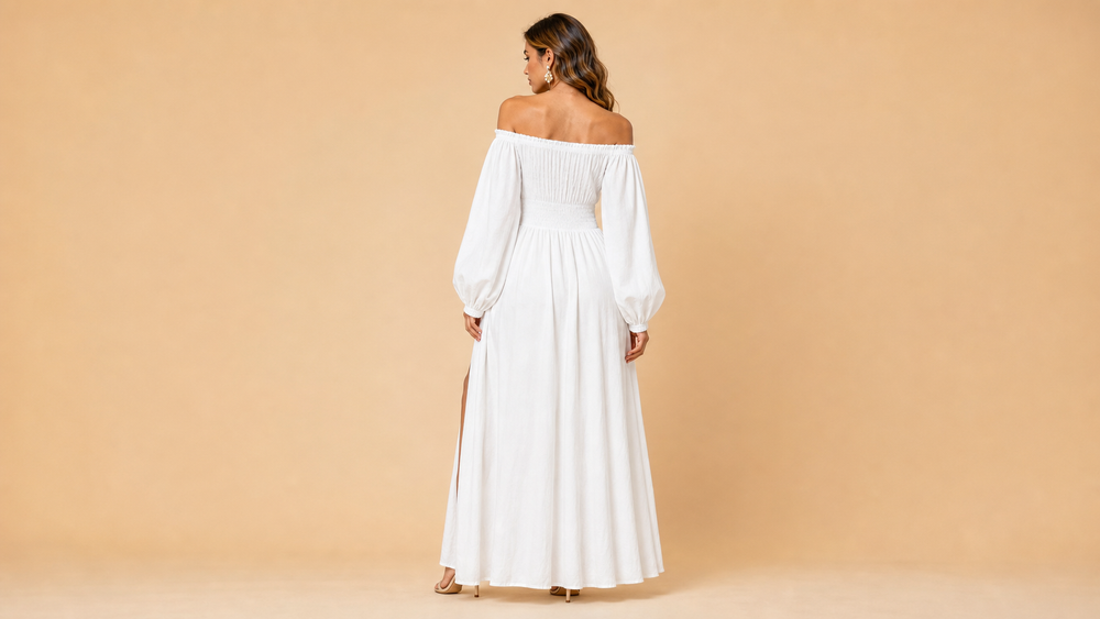 White Off Shoulder Puff Sleeve Slit Maxi Dress Style 010 Back View